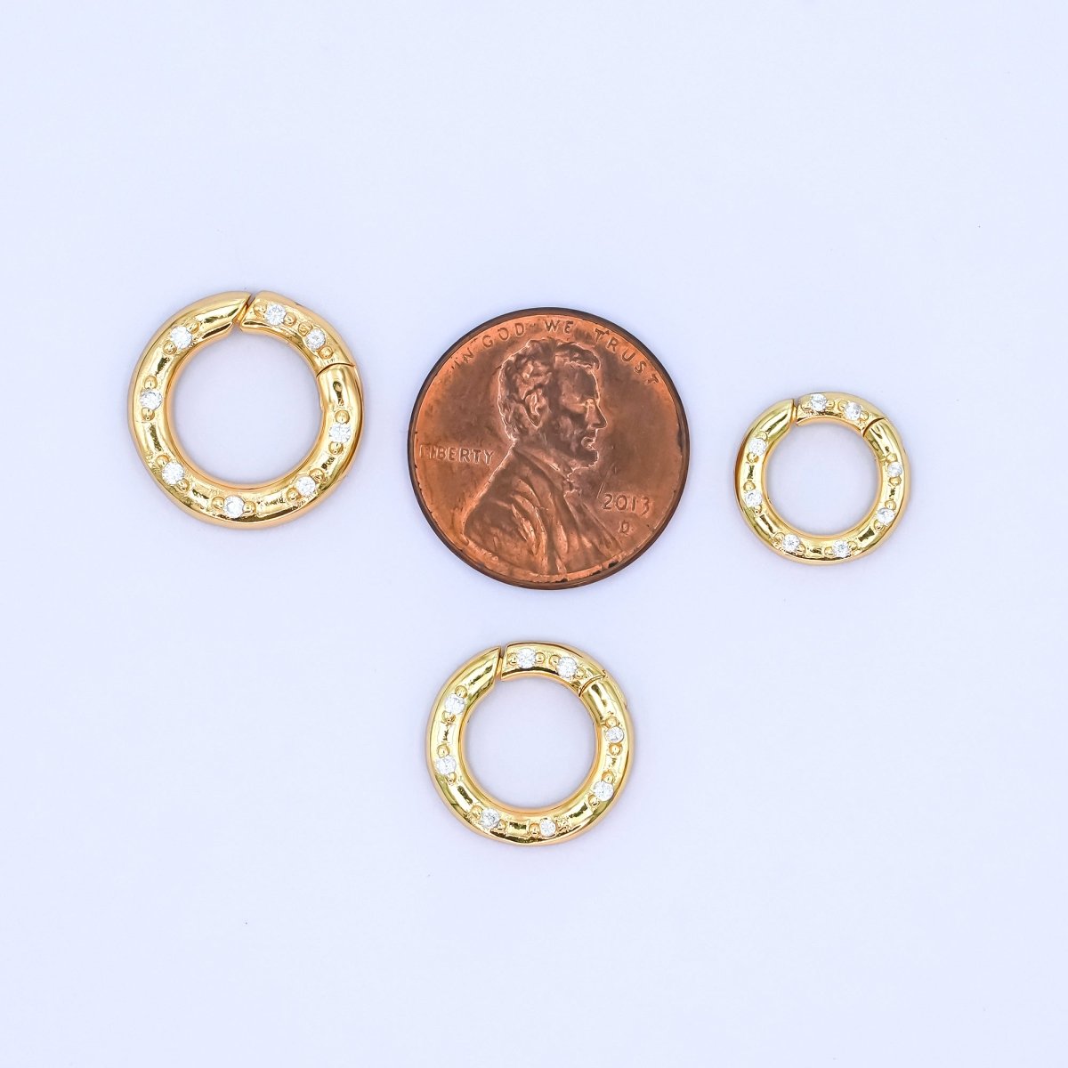 24K Gold Filled 12mm, 14mm, 16mm Clear CZ Dotted Round Pull Gate Findings in Gold & Silver | Z1051 - Z1053 - DLUXCA