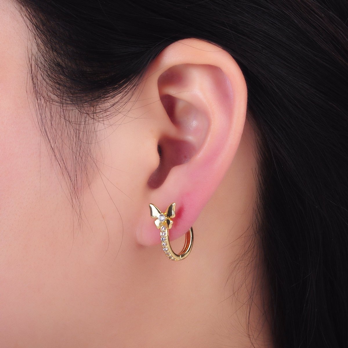24K Gold Filled 12mm, 14mm, 16mm Micro Paved CZ Butterfly Huggie Earrings | AB874 - AB876 - DLUXCA