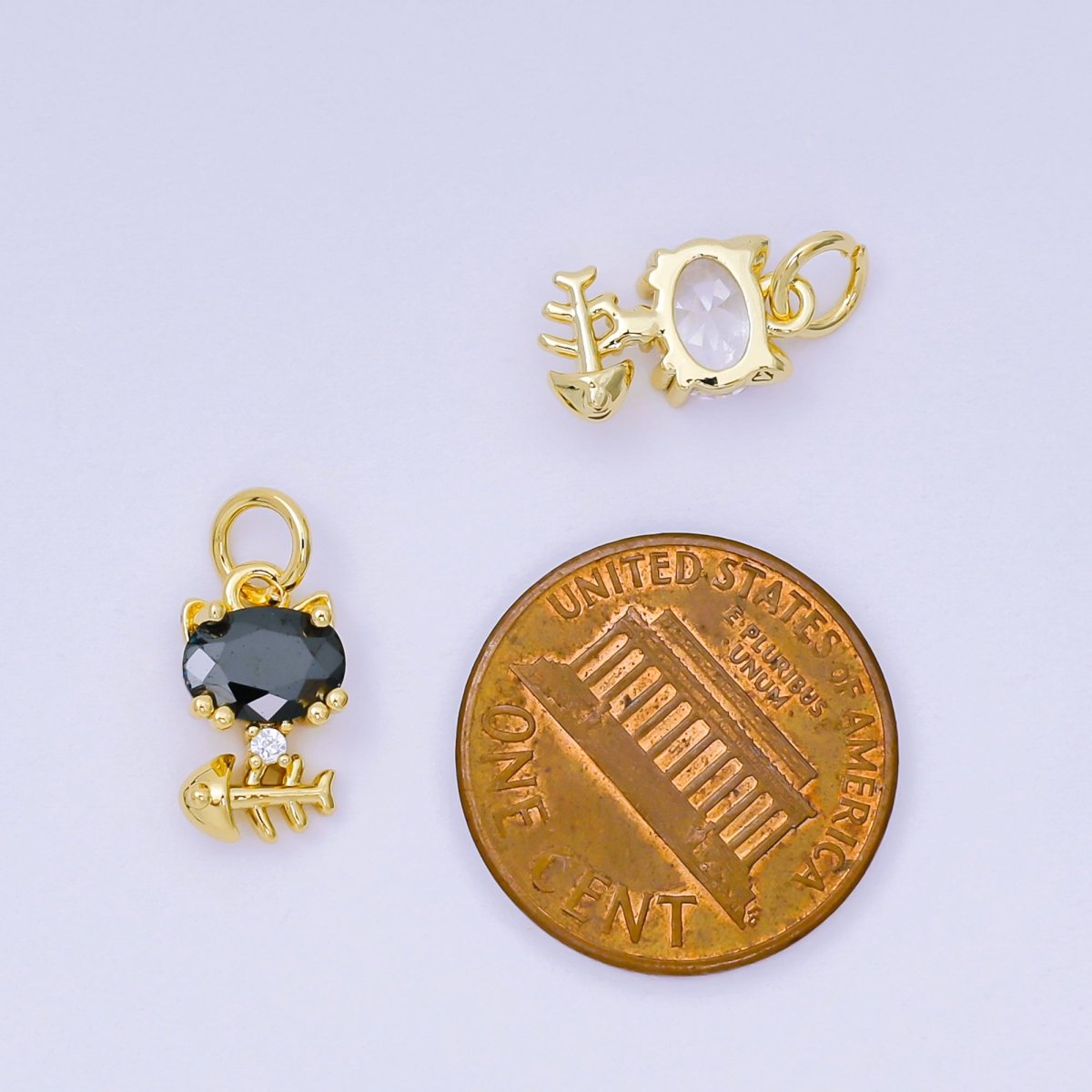 24K Gold Filled 12mm Black & Clear CZ Kitty Cat with Fishbone Animal Charm | AH - 581 - DLUXCA