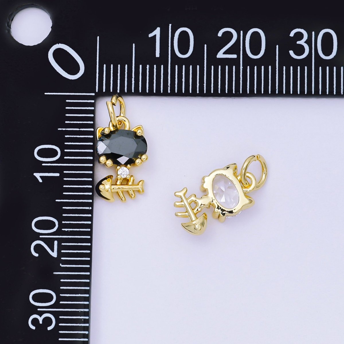 24K Gold Filled 12mm Black & Clear CZ Kitty Cat with Fishbone Animal Charm | AH - 581 - DLUXCA