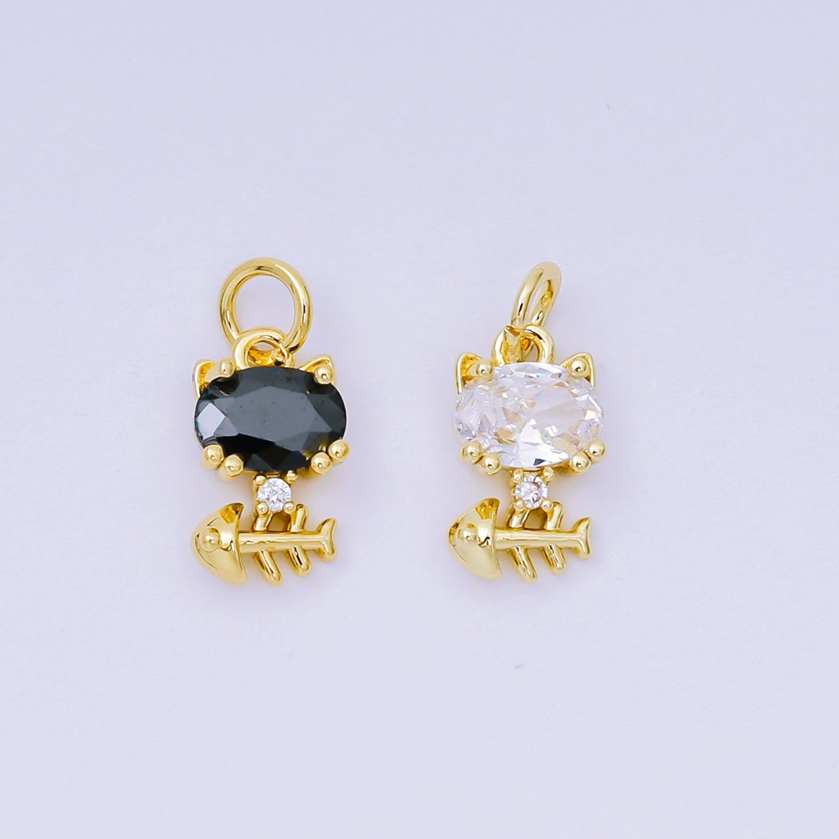 24K Gold Filled 12mm Black & Clear CZ Kitty Cat with Fishbone Animal Charm | AH - 581 - DLUXCA