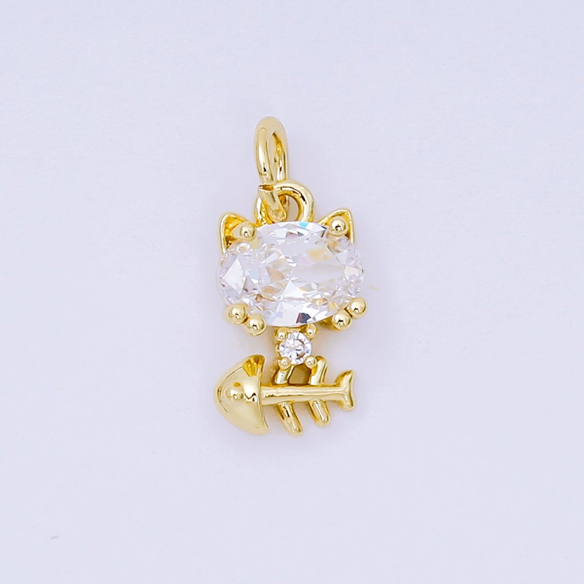 24K Gold Filled 12mm Black & Clear CZ Kitty Cat with Fishbone Animal Charm | AH - 581 - DLUXCA