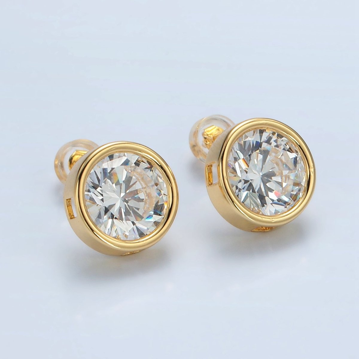 24K Gold Filled 12mm Clear CZ Round Bezel Stud Earrings | P532 - DLUXCA