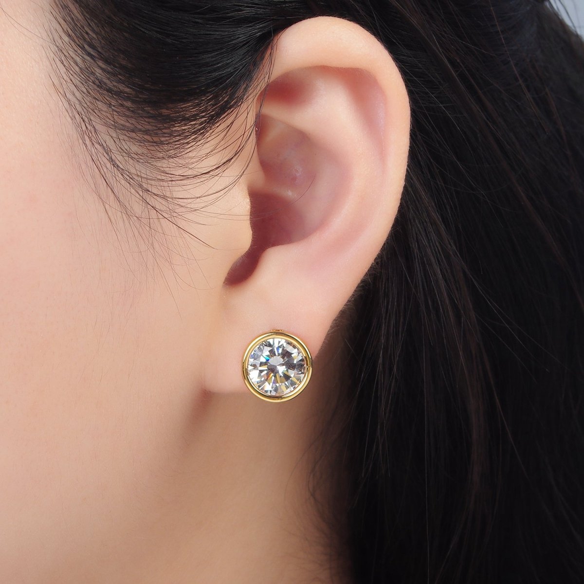 24K Gold Filled 12mm Clear CZ Round Bezel Stud Earrings | P532 - DLUXCA