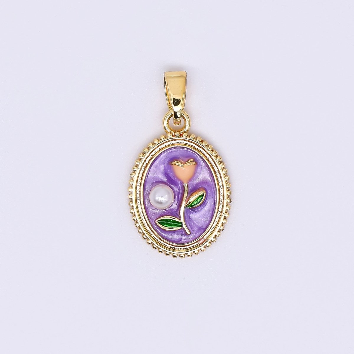 24K Gold Filled 12mm Enamel Art Shell Pearl Framed Vintage Style Flower Pendant in Blue, Pink, & Purple | AH - 506 AH - 507 - DLUXCA