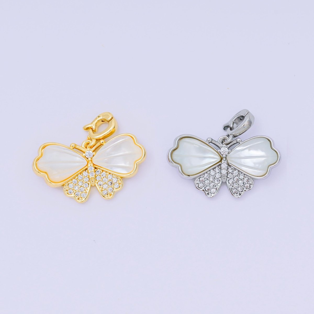 24K Gold Filled 12mm Micro Paved CZ Mother of Pearl Magnificent Mariposa Butterfly Pendant in Gold & Silver | AA - 1576 - DLUXCA