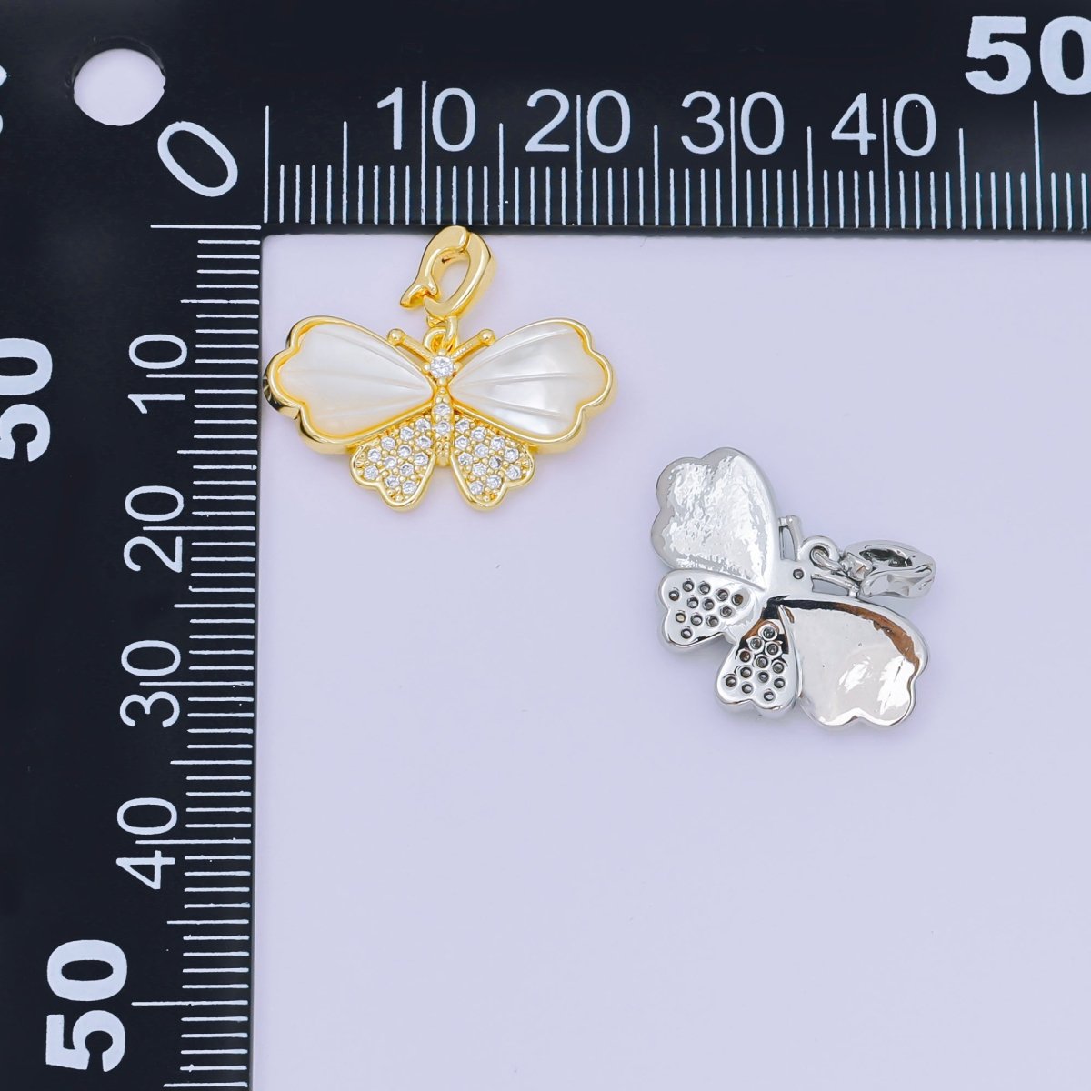 24K Gold Filled 12mm Micro Paved CZ Mother of Pearl Magnificent Mariposa Butterfly Pendant in Gold & Silver | AA - 1576 - DLUXCA