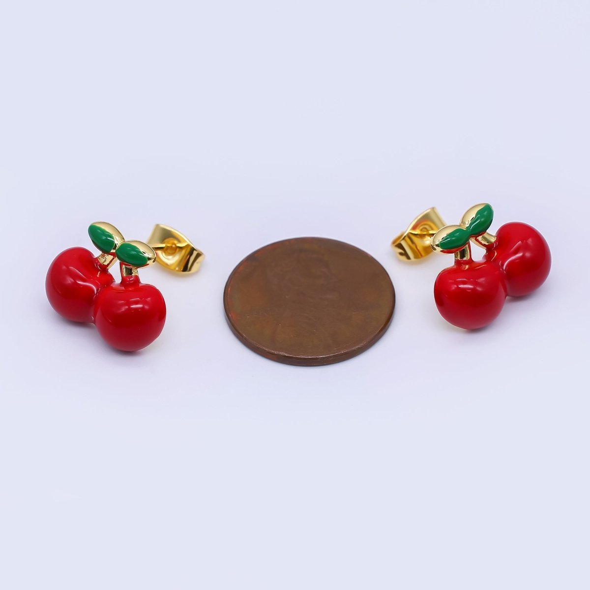 24K Gold Filled 12mm Red Enamel Cherry Fruit Stud Earrings | Q515 - DLUXCA