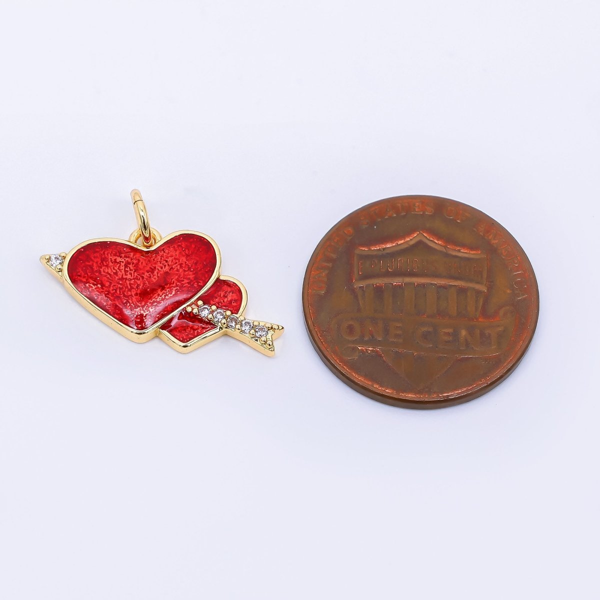 24K Gold Filled 12mm Red Heart - Shaped & Micro Paved CZ Double Arrowed Heart Charm | AF - 511 - DLUXCA