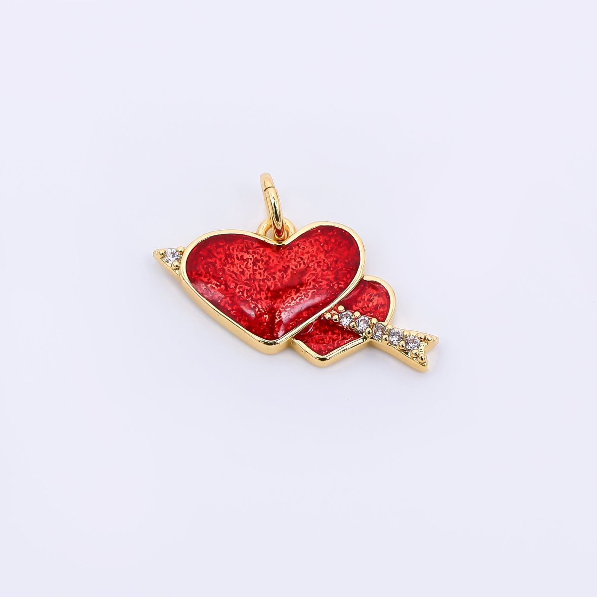 24K Gold Filled 12mm Red Heart - Shaped & Micro Paved CZ Double Arrowed Heart Charm | AF - 511 - DLUXCA