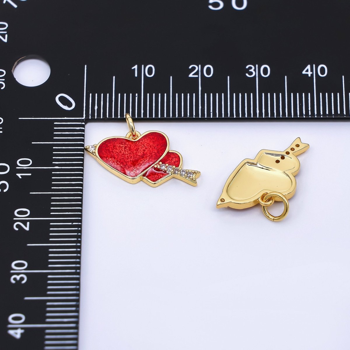 24K Gold Filled 12mm Red Heart - Shaped & Micro Paved CZ Double Arrowed Heart Charm | AF - 511 - DLUXCA