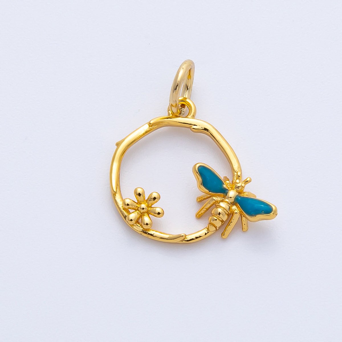 24K Gold Filled 13mm Bumble Bee Flower Open Round Charm | Charms - 00402 - DLUXCA