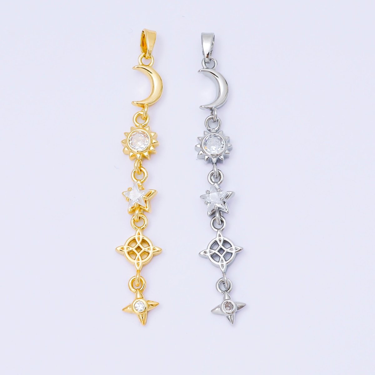 24K Gold Filled 13mm Clear CZ Celestial Sun Moon Star Pendant in Gold & Silver Drod Lariat Charm | AA1627 - DLUXCA