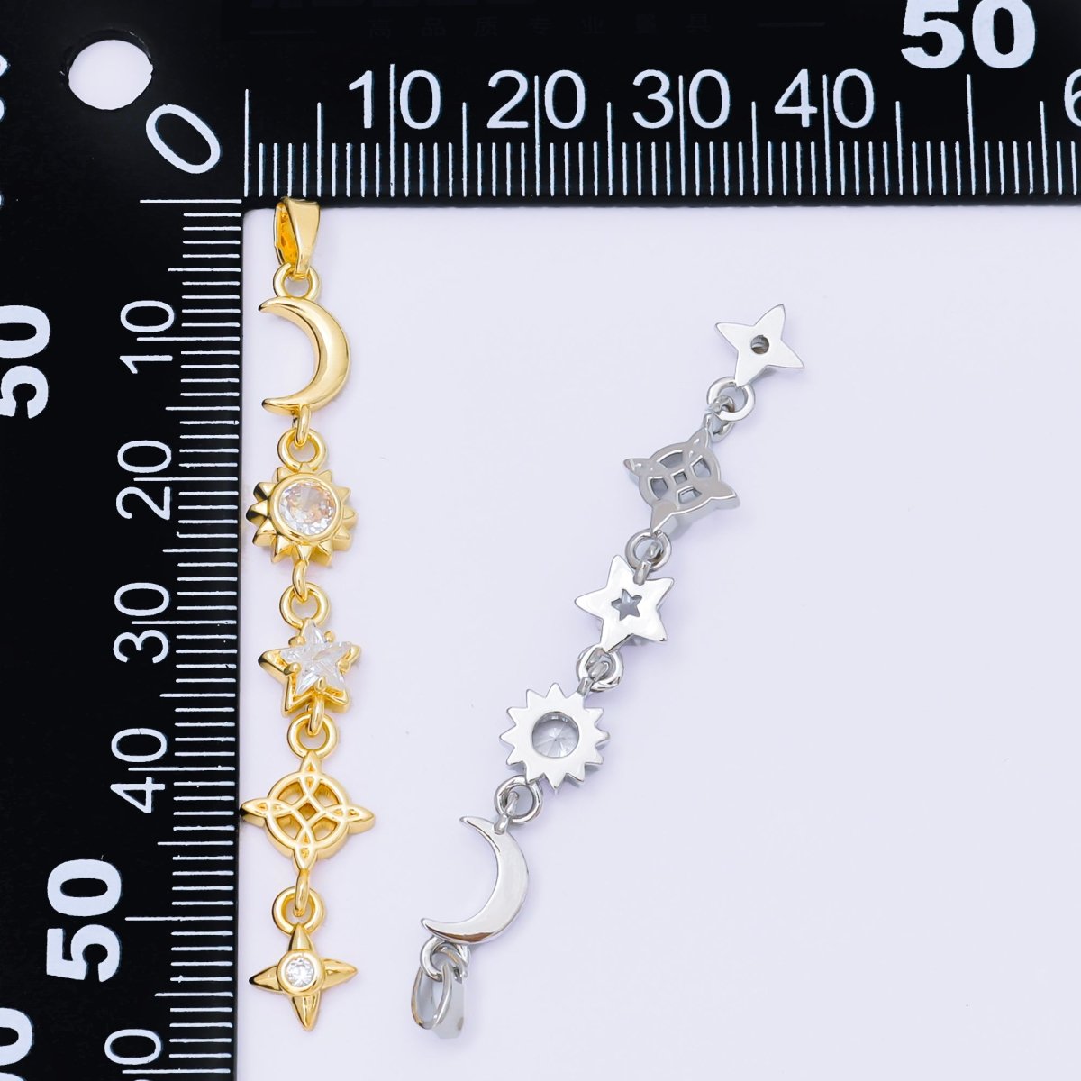 24K Gold Filled 13mm Clear CZ Celestial Sun Moon Star Pendant in Gold & Silver Drod Lariat Charm | AA1627 - DLUXCA