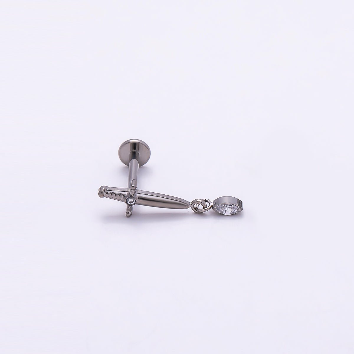 24K Gold Filled 13mm Dagger Knife CZ Drop Cartilage Piercing Flat Back Stud in Gold & Silver | Findings-00254 Findings-00255 - DLUXCA