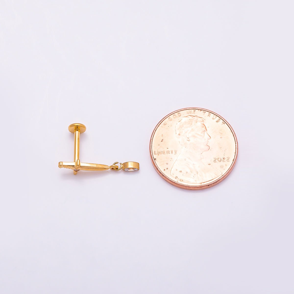 24K Gold Filled 13mm Dagger Knife CZ Drop Cartilage Piercing Flat Back Stud in Gold & Silver | Findings-00254 Findings-00255 - DLUXCA