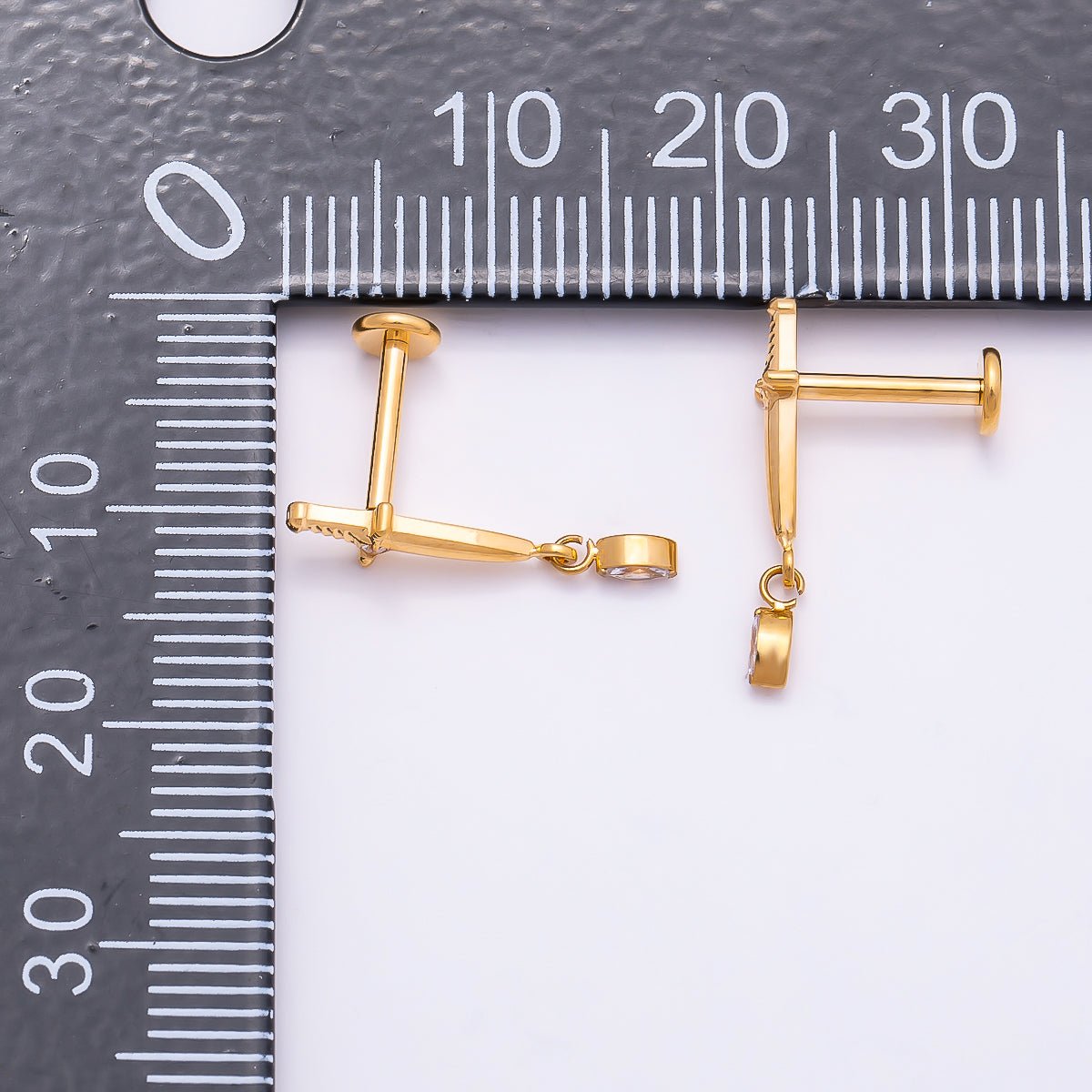 24K Gold Filled 13mm Dagger Knife CZ Drop Cartilage Piercing Flat Back Stud in Gold & Silver | Findings-00254 Findings-00255 - DLUXCA