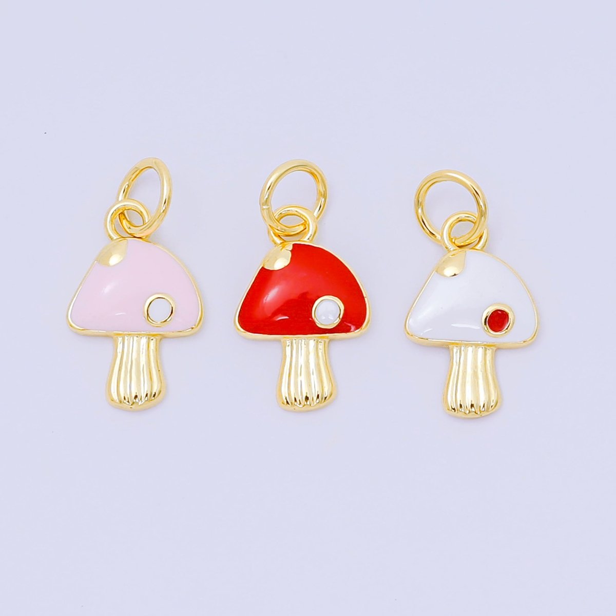 24K Gold Filled 13mm Enamel Art Puffball Forest Mushroom Charm in Red, Pink, & White | D - 627 D - 663 - DLUXCA