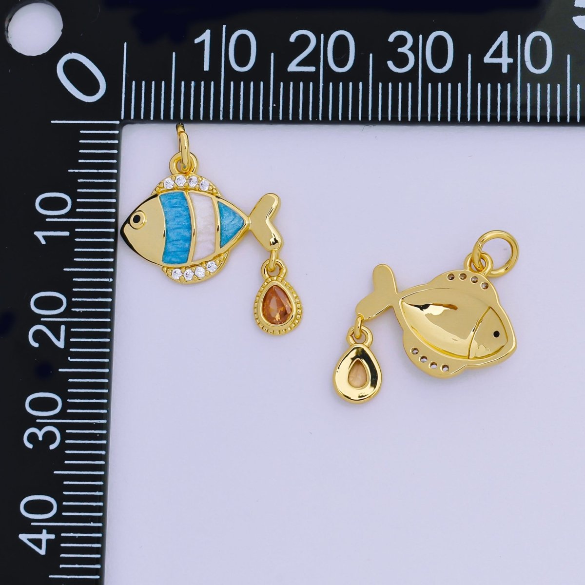 24K Gold Filled 13mm Enamel Micro Paved CZ Blue Clown Fish Charm | AJ393 - DLUXCA
