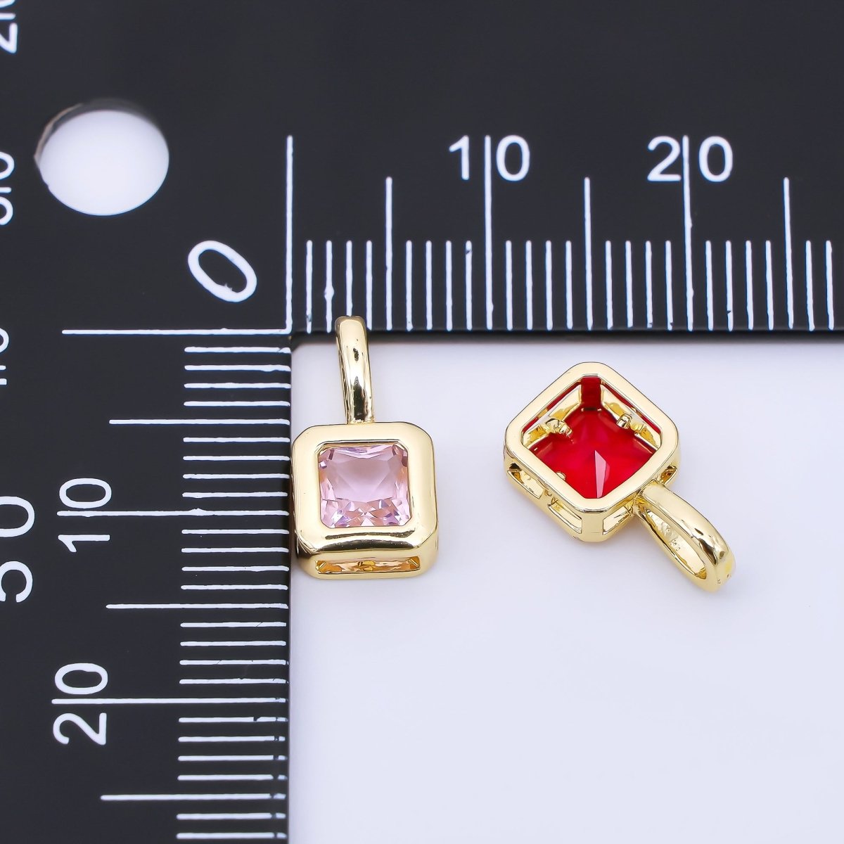 24K Gold Filled 13mm Green, Red, Black Square Baguette CZ Bezel Cut Charm | AA1630 - AA1632 - DLUXCA