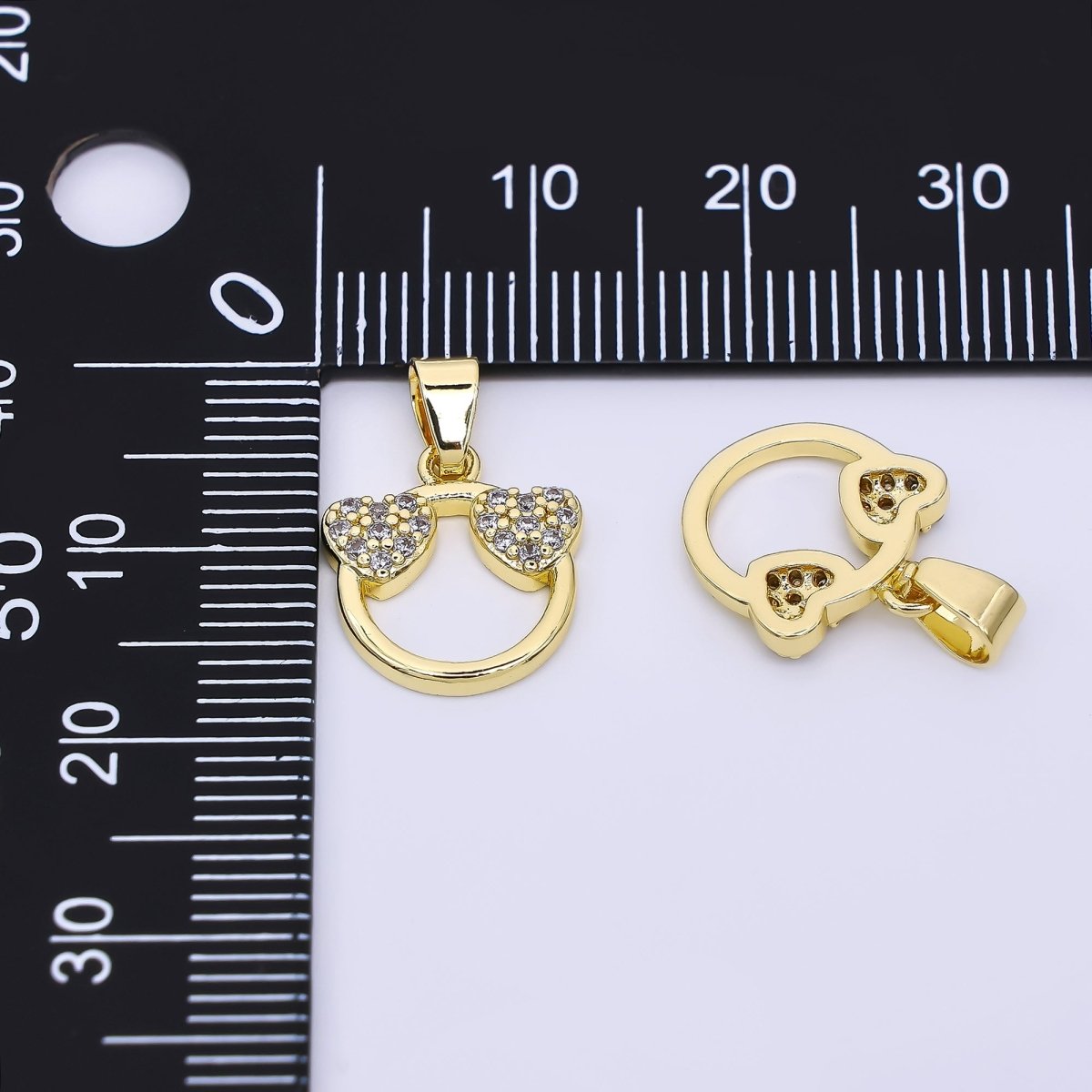 24K Gold Filled 13mm Micro Paved CZ Simple Round Double - Hearts Pendant | AH - 534 - DLUXCA