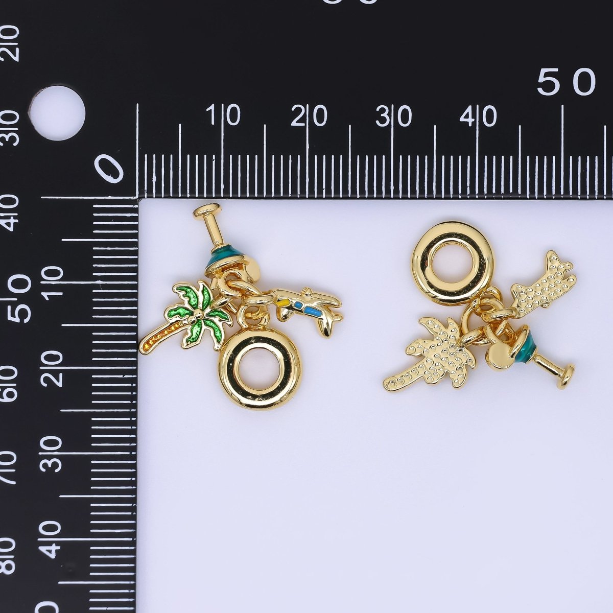24K Gold Filled 13mm Palm Tree, Cocktails, & Airplane Jet Vacation Travel Set Rondelle Drop Charm | AC1650 - DLUXCA