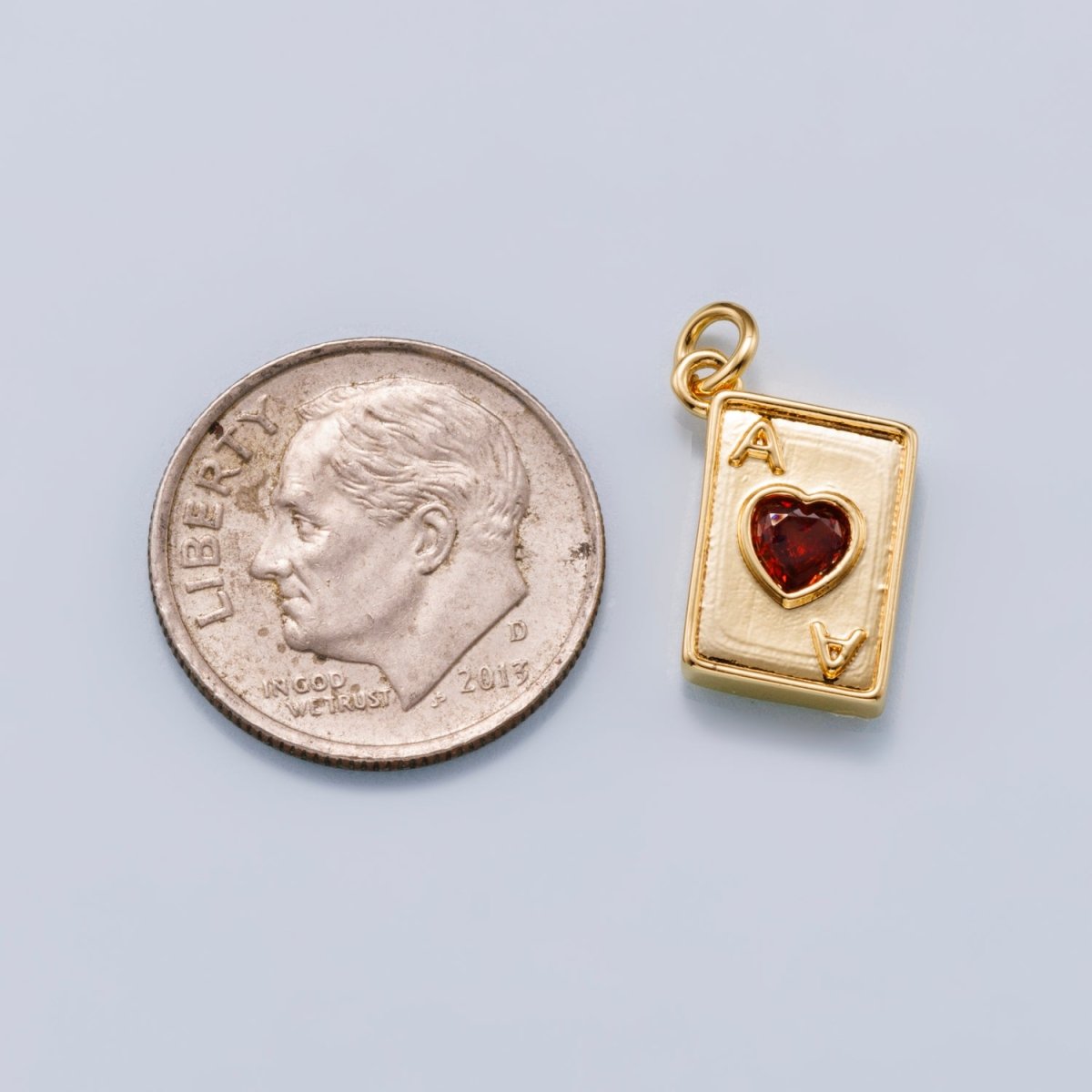 24K Gold Filled 13mm Red CZ Ace of Hearts Card Charm in Gold & Silver | Charms - 00655 Charms - 00656 - DLUXCA