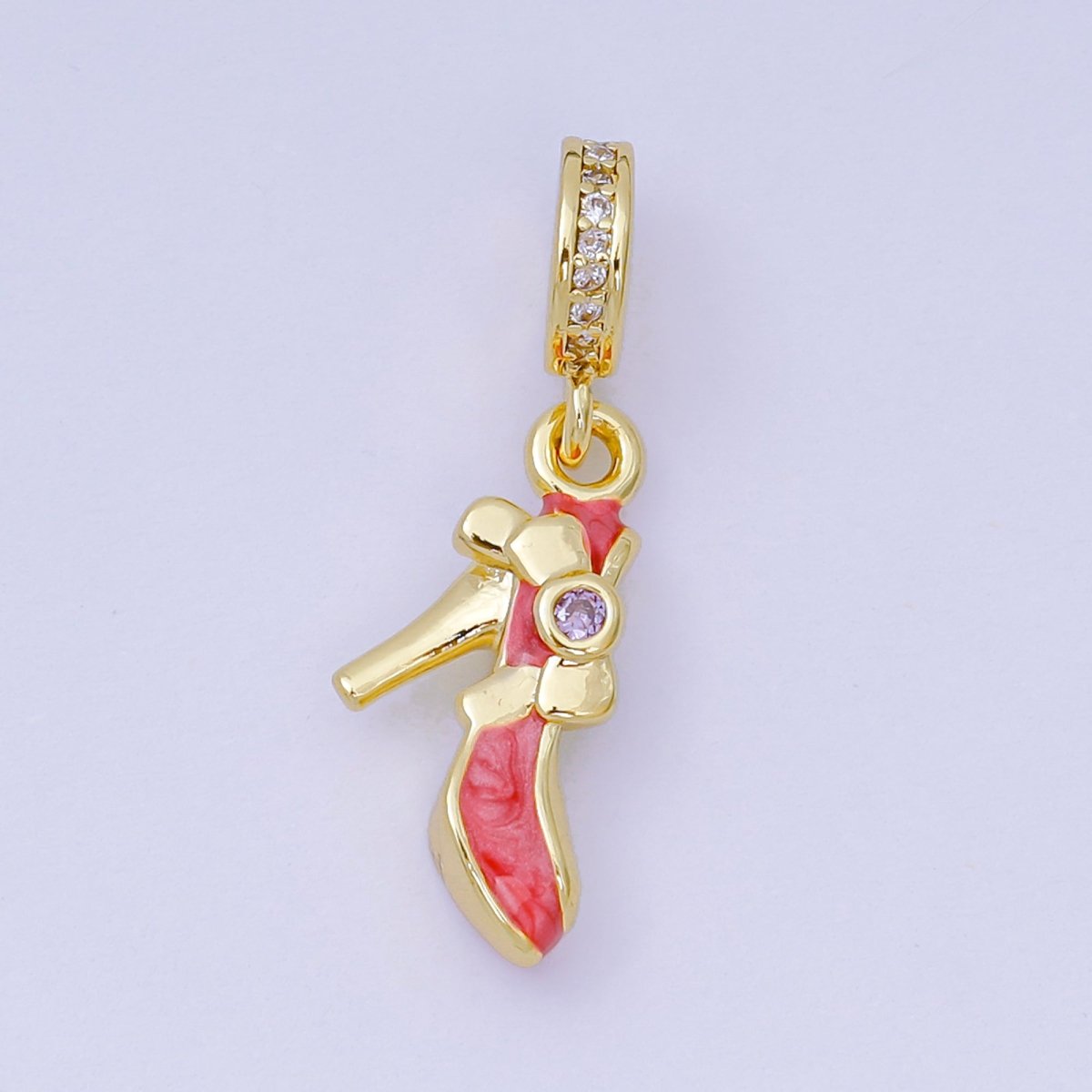24K Gold Filled 13mm Round CZ Enamel Art Red Highheels Shoe Charm Rhondelle Drop Pendant| D - 813 - DLUXCA