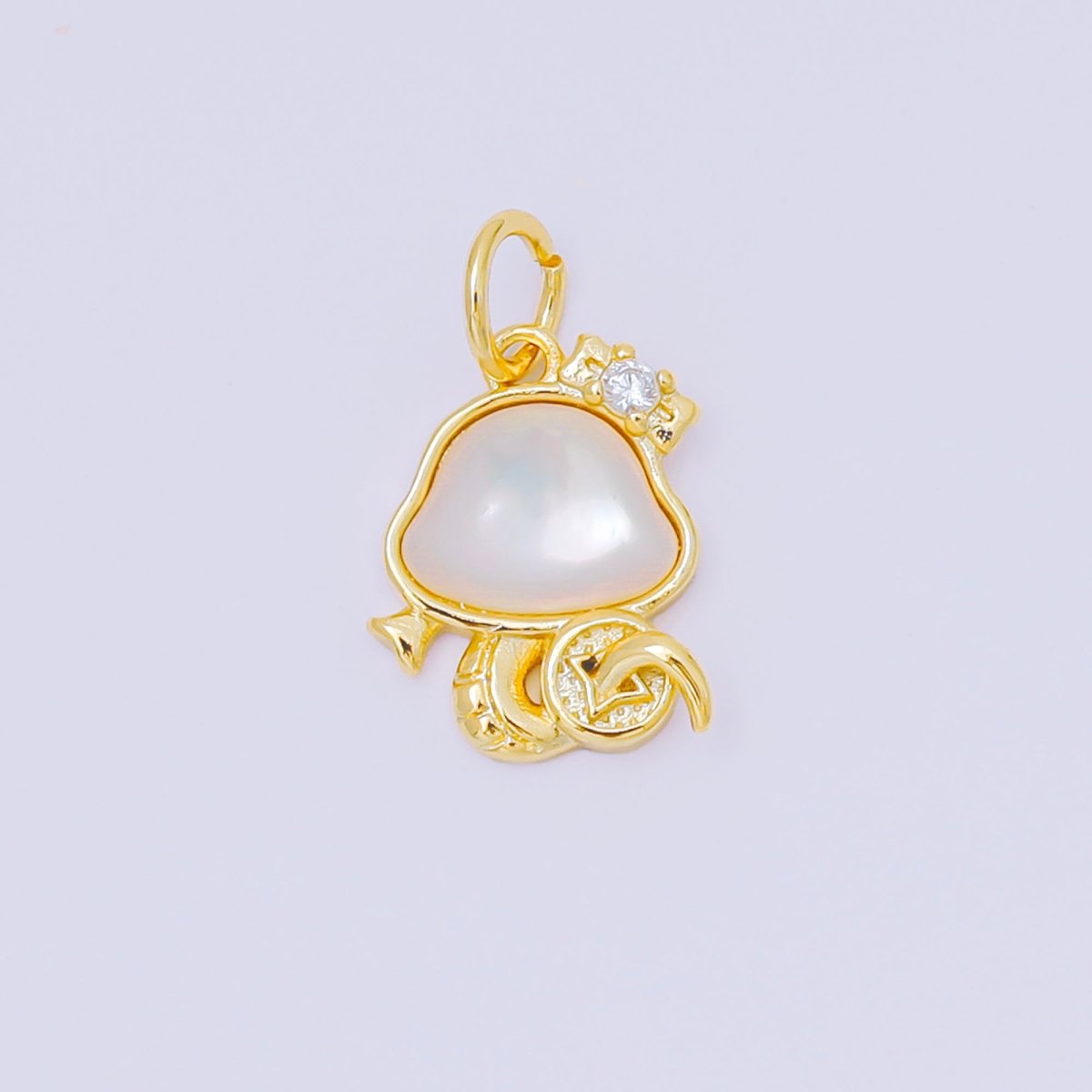 24K Gold Filled 13mm Round CZ Under the Jellyfish Shell Pearl Charm | M885 - DLUXCA