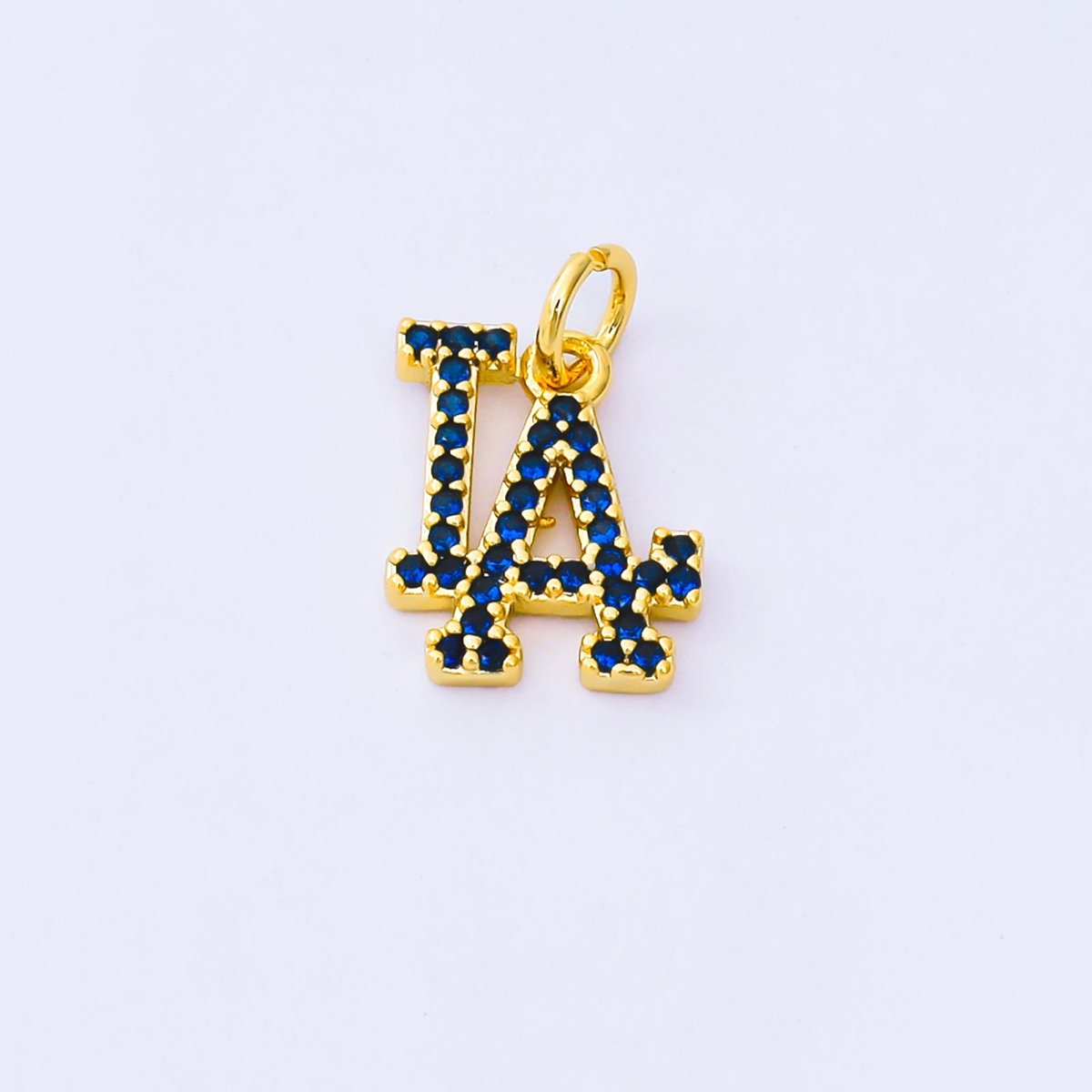 24K Gold Filled 13mm Royal Blue Micro Paved CZ Los Angeles Script "LA" Charm in Gold & Silver | AF1288 - DLUXCA
