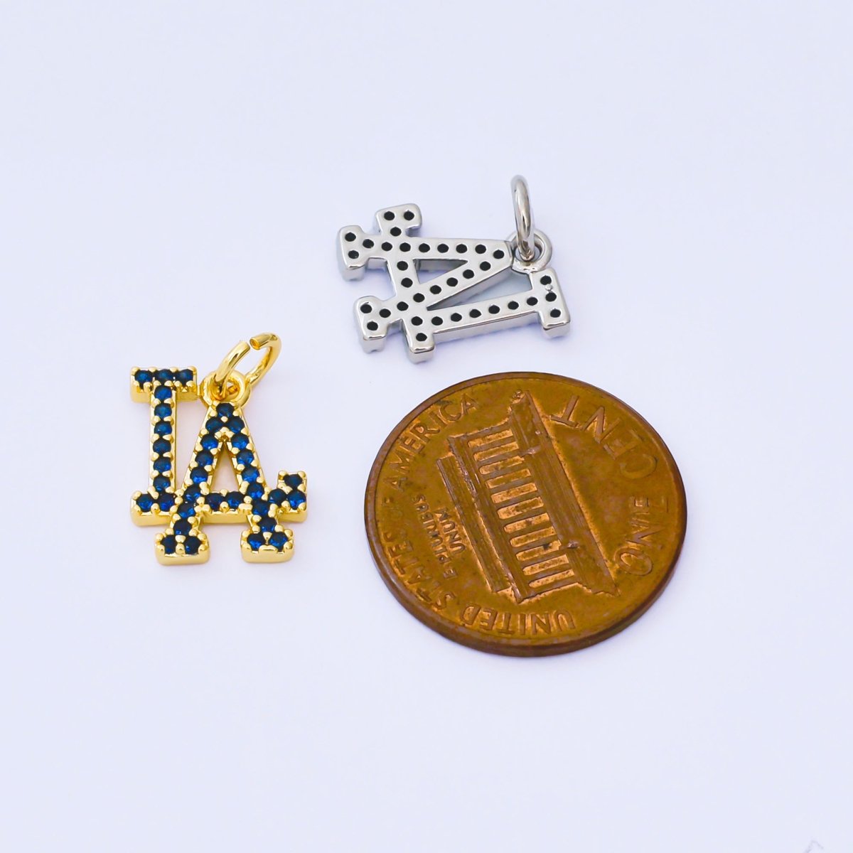 24K Gold Filled 13mm Royal Blue Micro Paved CZ Los Angeles Script "LA" Charm in Gold & Silver | AF1288 - DLUXCA