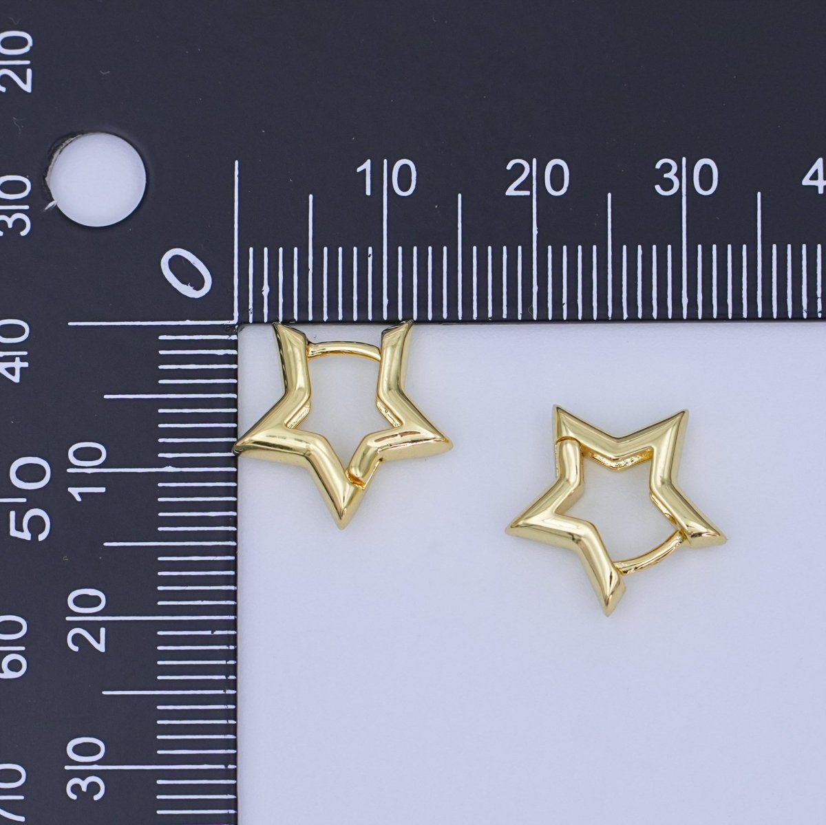 24K Gold Filled 14mm, 18.5mm, 30mm Celestial Star Huggie Hoop Earrings | T040 T070 T105 - DLUXCA