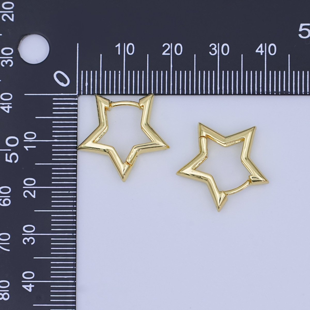 24K Gold Filled 14mm, 18.5mm, 30mm Celestial Star Huggie Hoop Earrings | T040 T070 T105 - DLUXCA