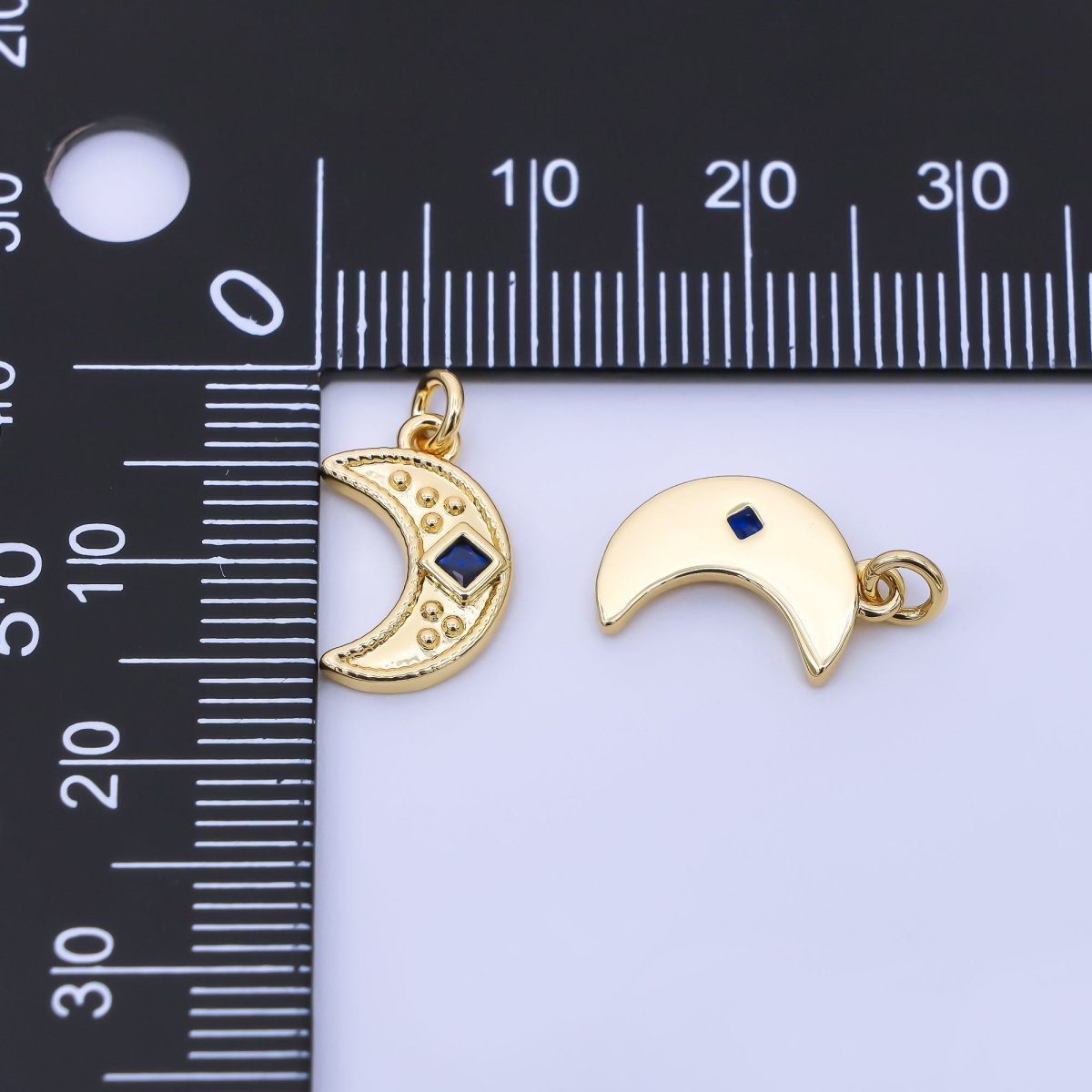 24K Gold Filled 14mm Blue Square CZ Celestial Crescent Moon Charm | AC1609 - DLUXCA