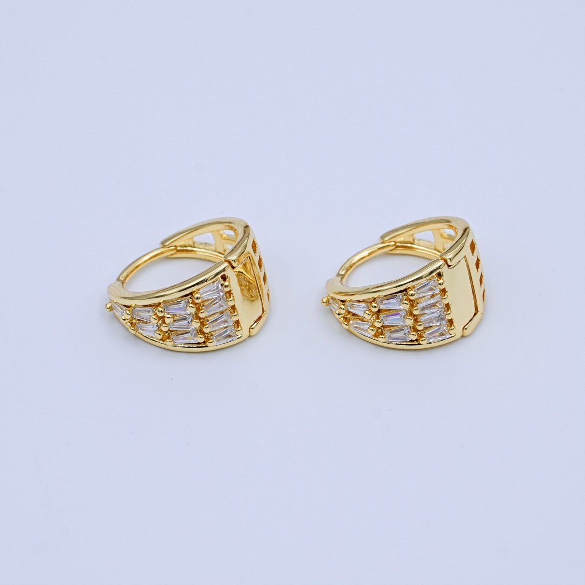 24K Gold Filled 14mm Clear Baguette CZ Dome Hoop Earrings | T396 - DLUXCA