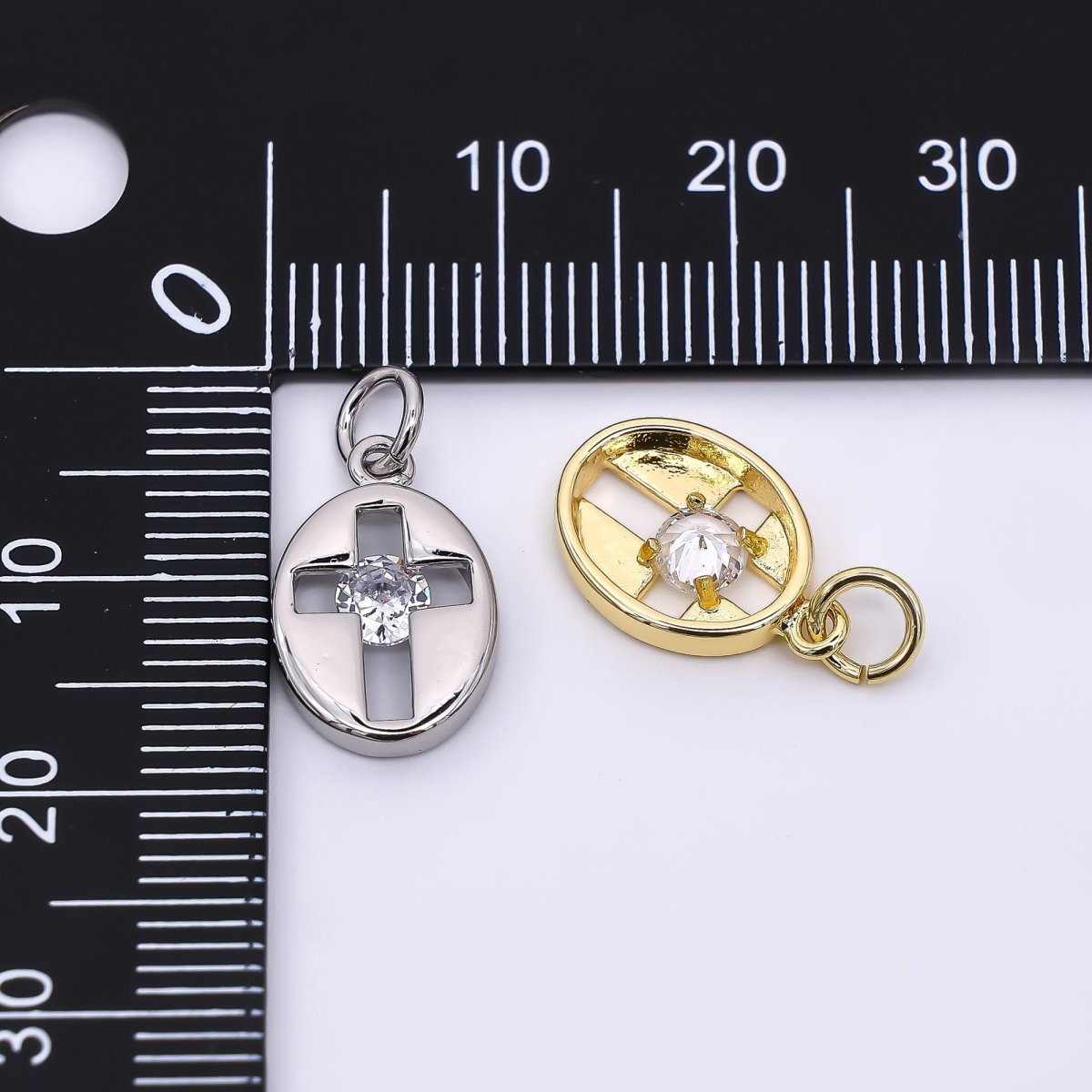 24K Gold Filled 14mm Clear CZ Open Religious Cross Oval Charm in Gold & Silver | AC1598 - DLUXCA