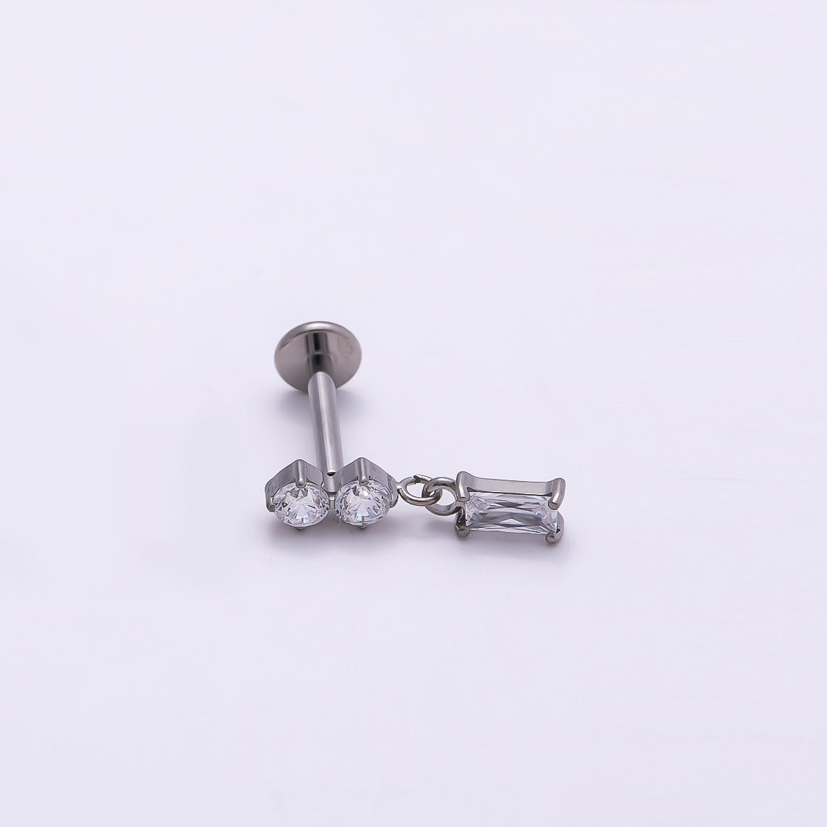 24K Gold Filled 14mm Clear CZ Round Baguette Drop Single Cartilage Piercing Flat Back Stud in Gold & Silver | Findings-00248 Findings-00249 - DLUXCA