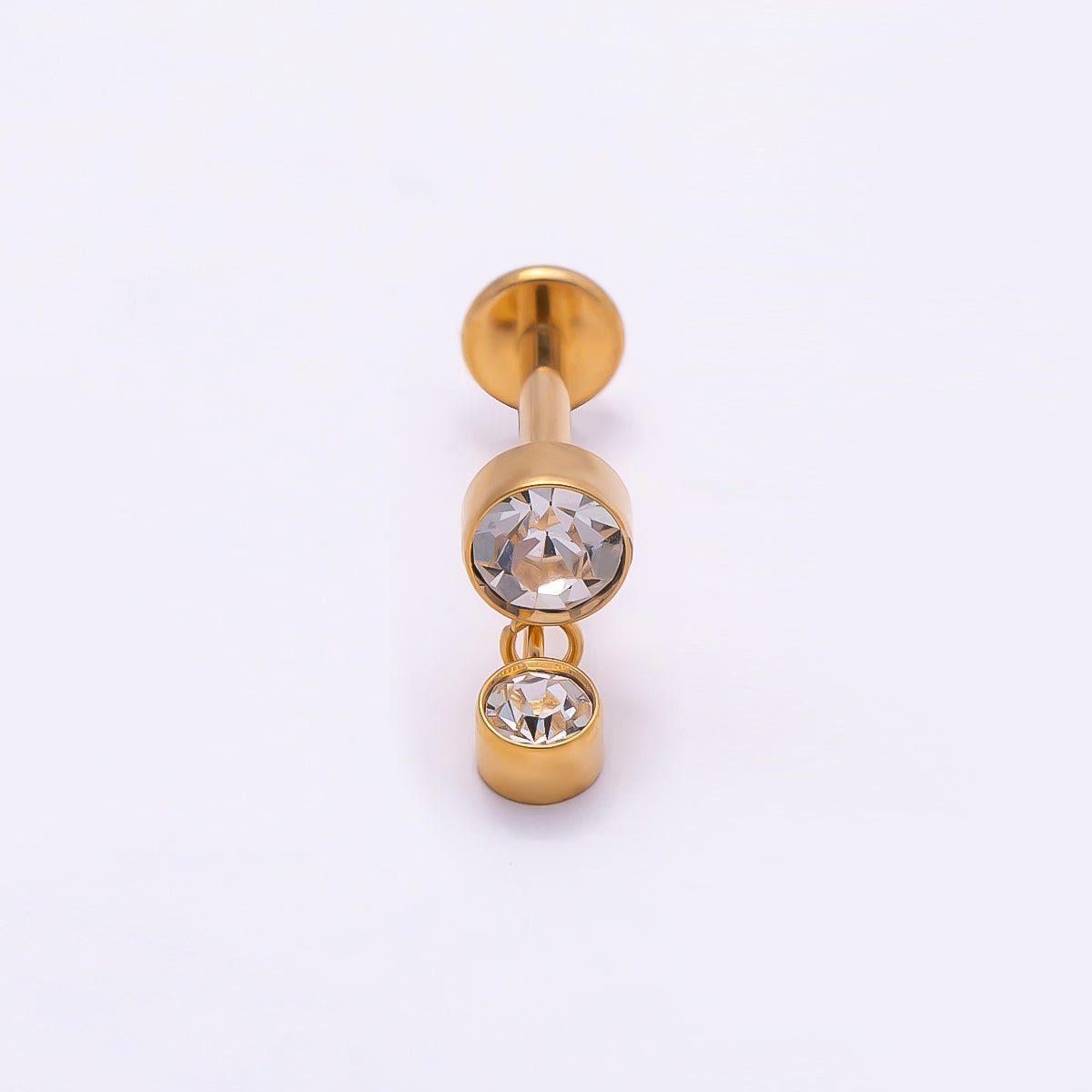 24K Gold Filled 14mm Clear CZ Round Drop Cartilage Piercing Flat Back Stud in Gold & Silver | Findings-00250 Findings-00251 - DLUXCA