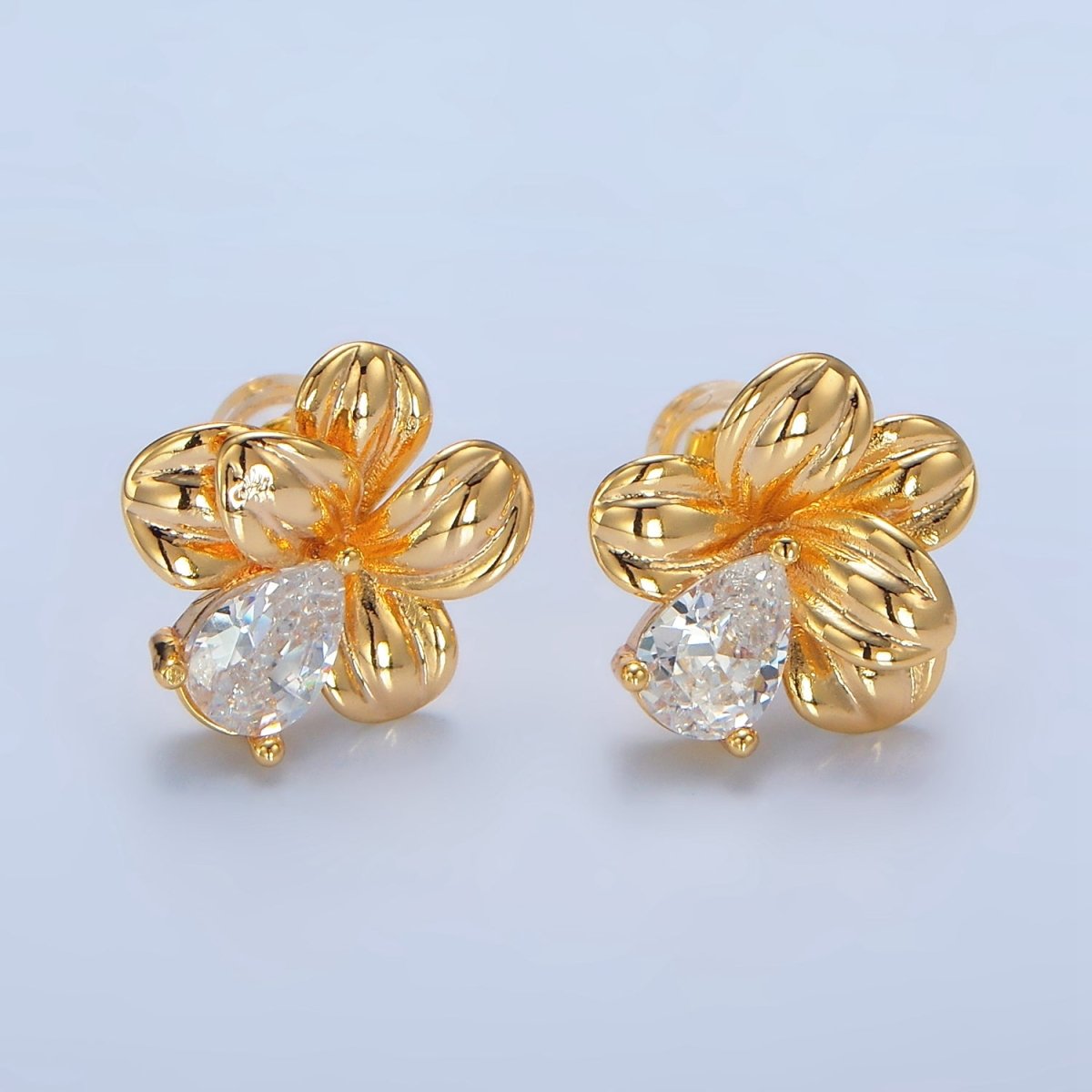 24K Gold Filled 14mm Clear CZ Teardrop Petal Flower Stud Earrings | P112 - DLUXCA