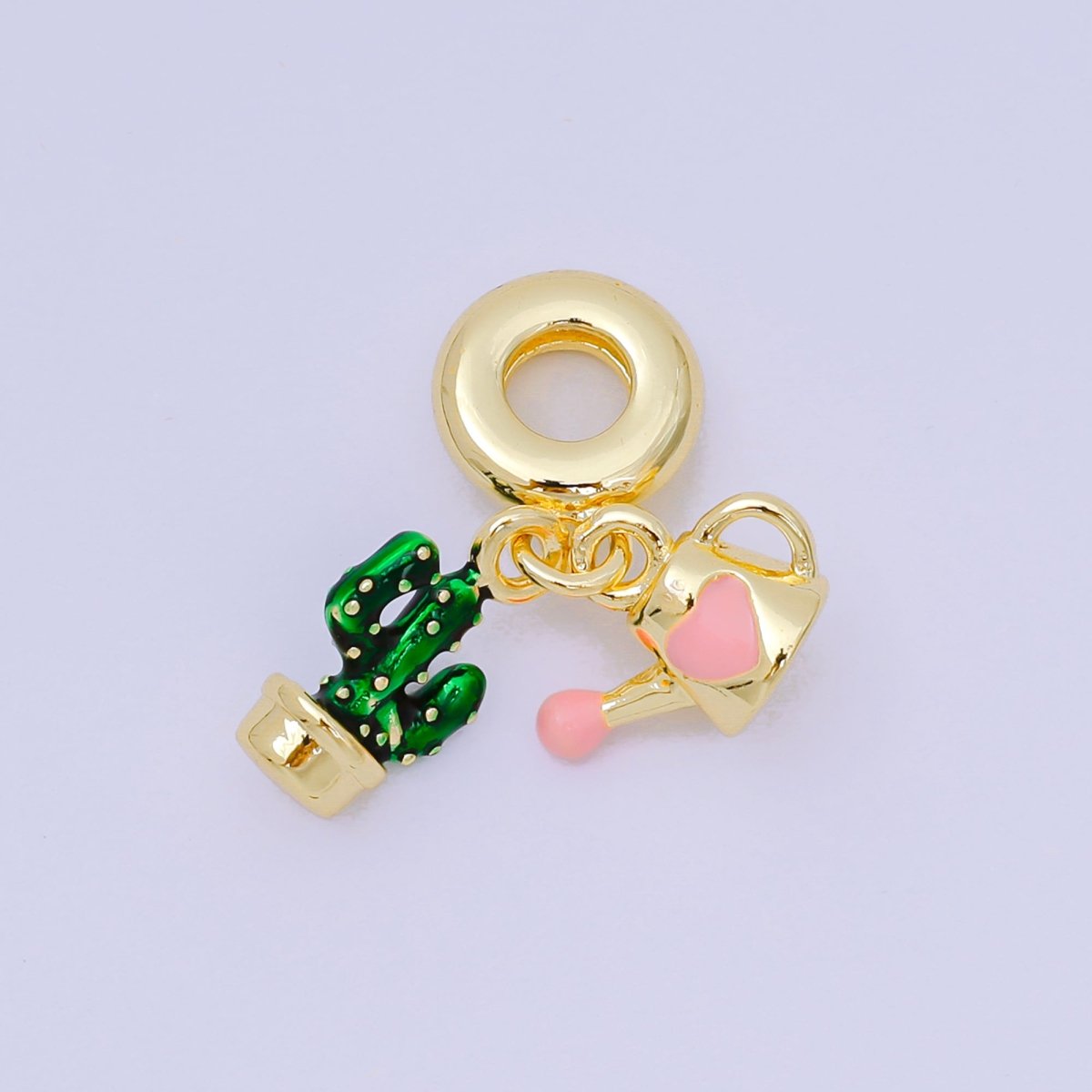 24K Gold Filled 14mm Enamel Art Water the Cactus Set Charm in Cactus Plant & Water Can | AH - 599 - DLUXCA