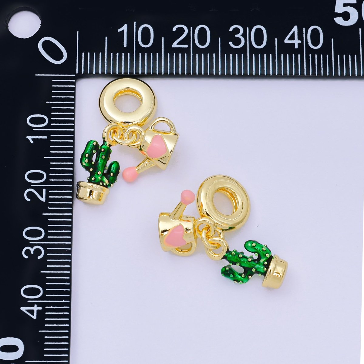 24K Gold Filled 14mm Enamel Art Water the Cactus Set Charm in Cactus Plant & Water Can | AH - 599 - DLUXCA