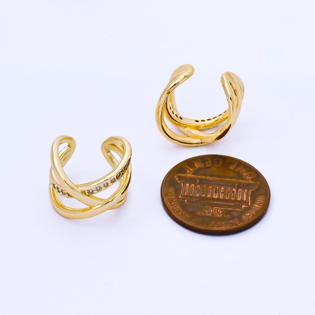 24K Gold Filled 14mm Micro Paved CZ Crossed Multiple Band Ear Cuff Earrings | AI186 - DLUXCA