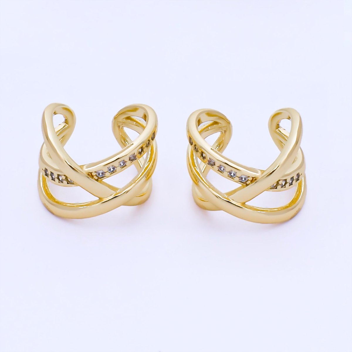 24K Gold Filled 14mm Micro Paved CZ X Shaped Band Ear Cuff Earrings | AI186 - DLUXCA