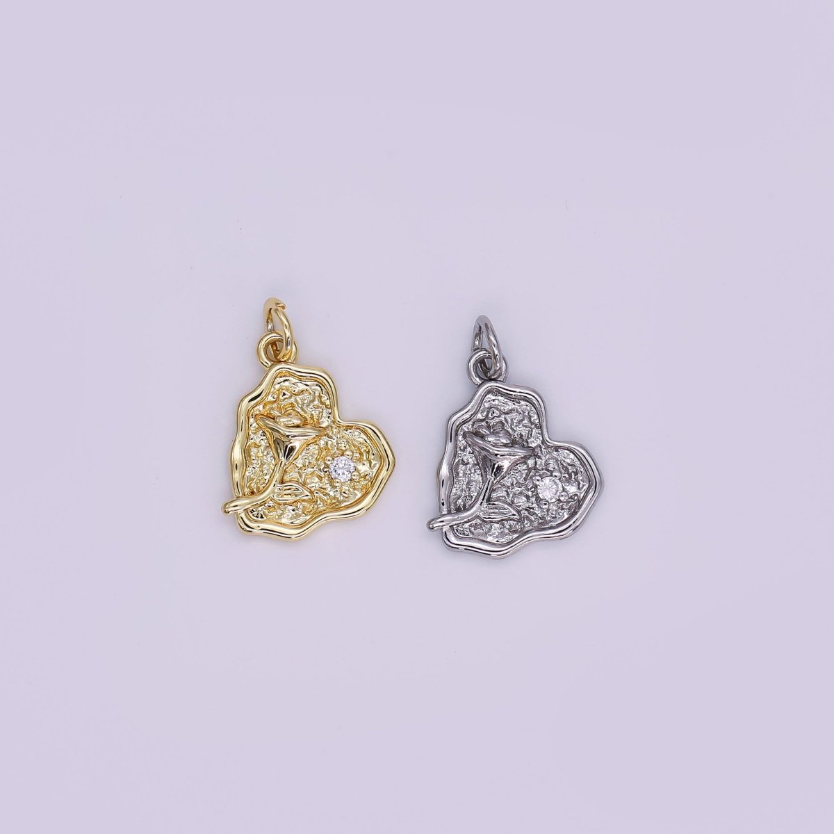 24K Gold Filled 14mm Round CZ Wavy Love with Rose Flower Charm in Gold & Silver | AJ - 341 - DLUXCA