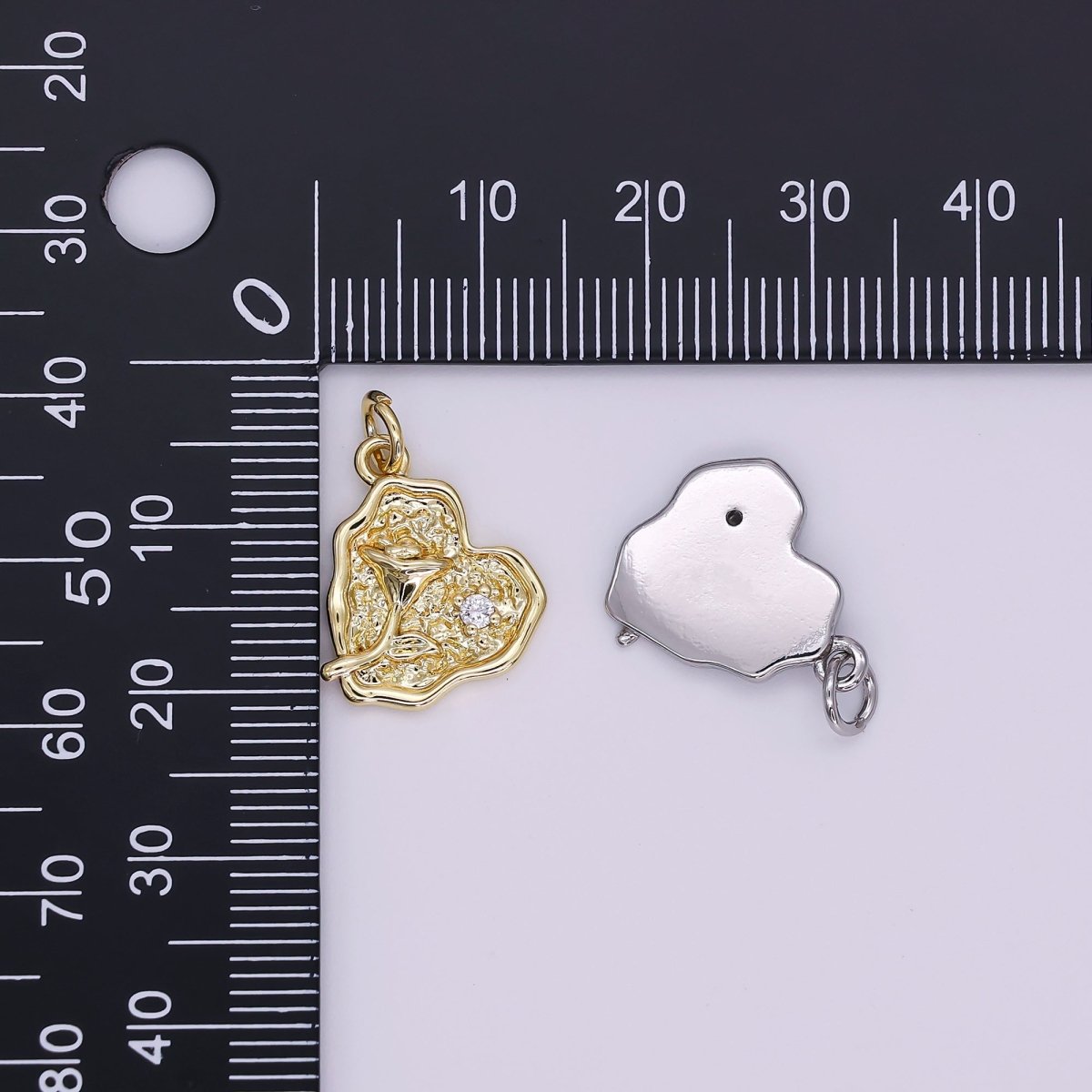 24K Gold Filled 14mm Round CZ Wavy Love with Rose Flower Charm in Gold & Silver | AJ - 341 - DLUXCA