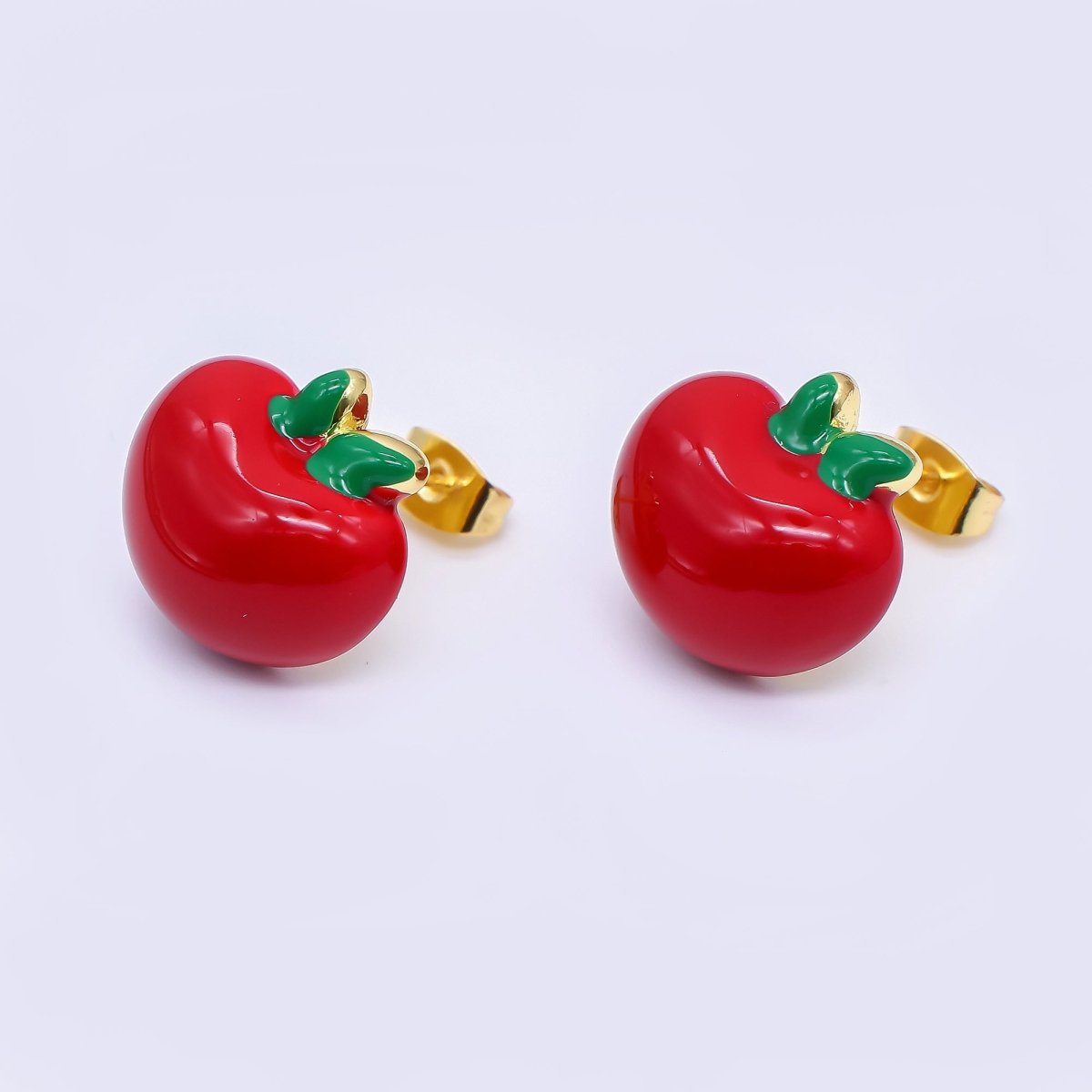 24K Gold Filled 15.5mm Red Enamel Apple Fruit Stud Earrings | AI423 - DLUXCA