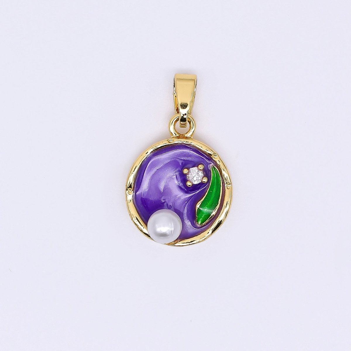 24K Gold Filled 15.5mm Round CZ Enamel Art Shell Pearl Fish Pond Medallion Pendant in Green, Pink, & Purple | AH - 504 AH - 505 - DLUXCA