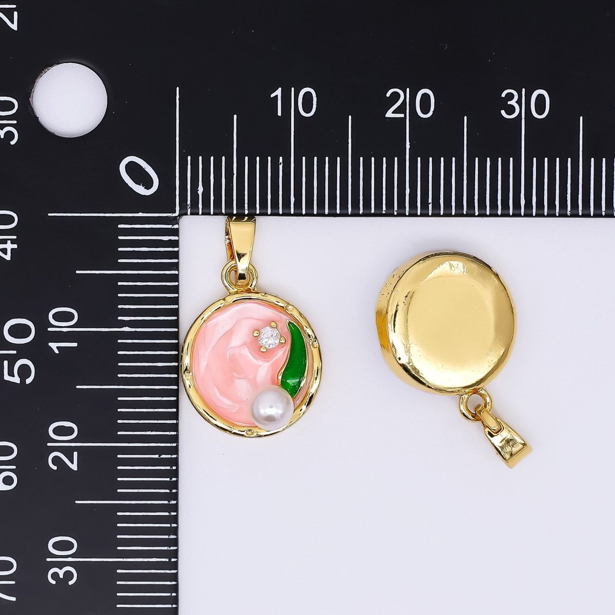 24K Gold Filled 15.5mm Round CZ Enamel Art Shell Pearl Fish Pond Medallion Pendant in Green, Pink, & Purple | AH - 504 AH - 505 - DLUXCA