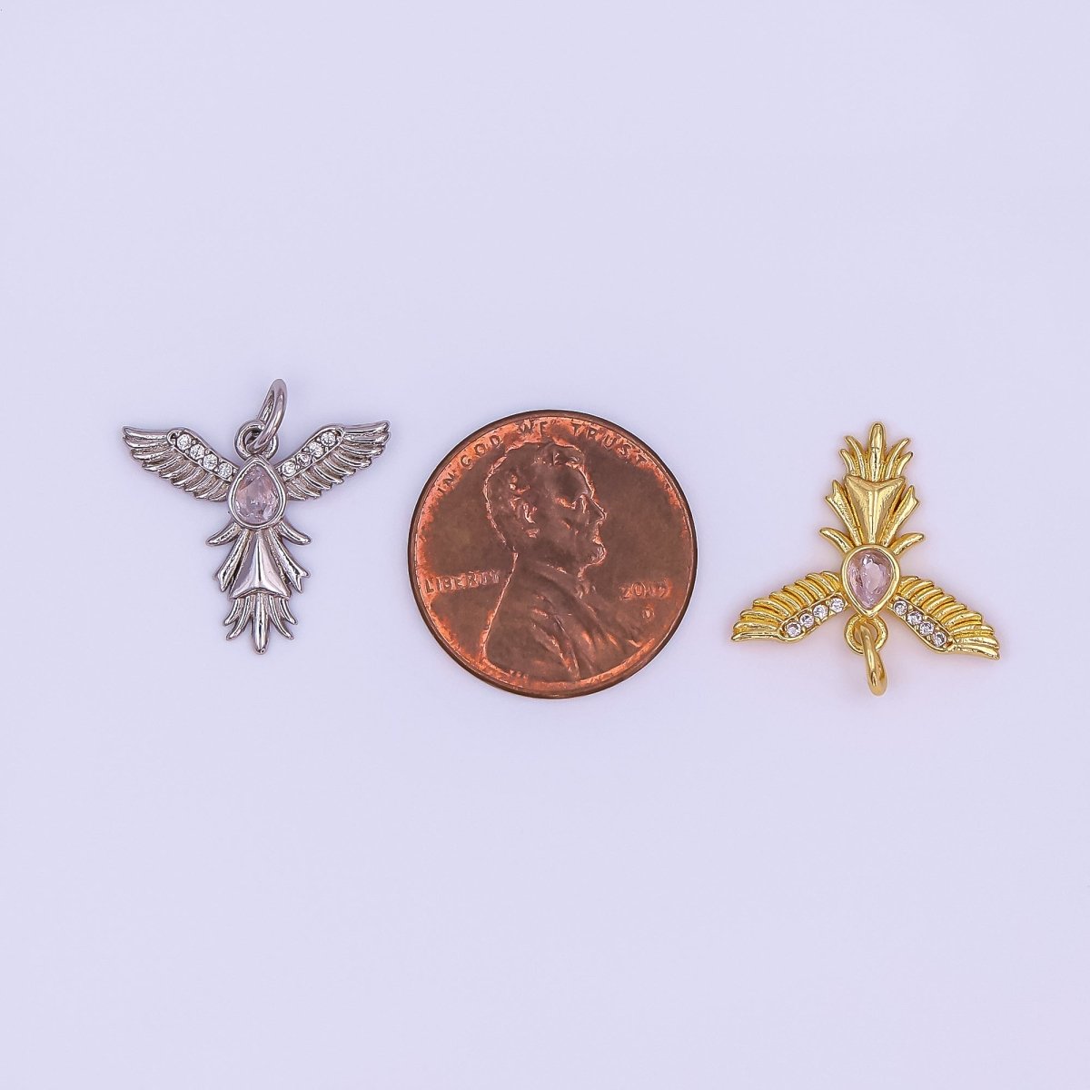 24K Gold Filled 15.5mm Teardrop CZ Heavenly Angel Wing Charm in Gold & Silver | AF490 - DLUXCA