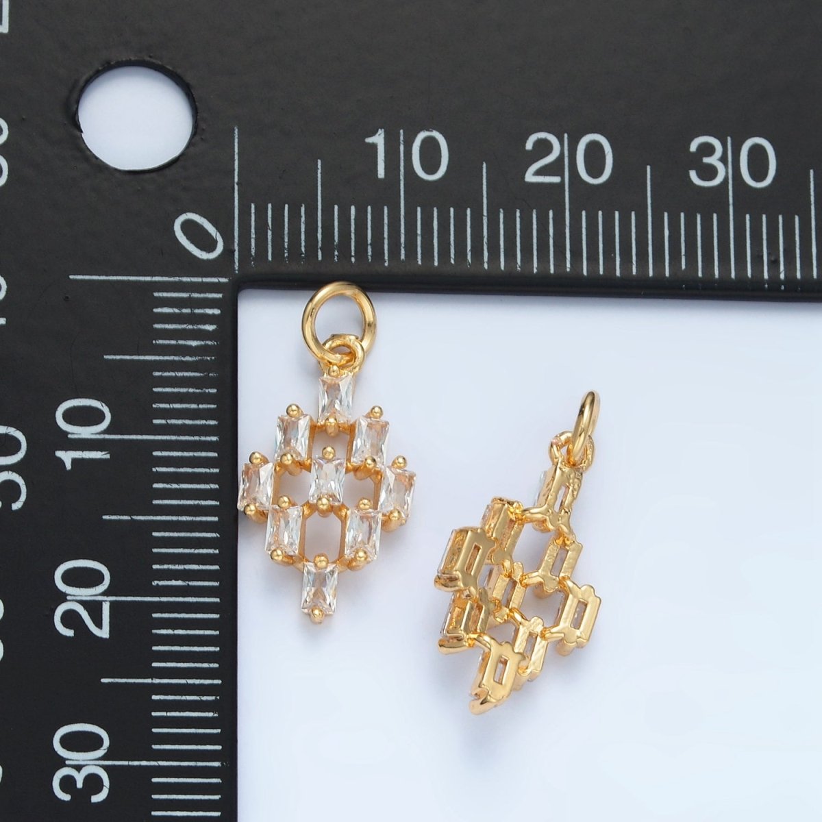 24K Gold Filled 15mm Clear CZ Baguette Geometric Checkered Open Charm | X290 - DLUXCA